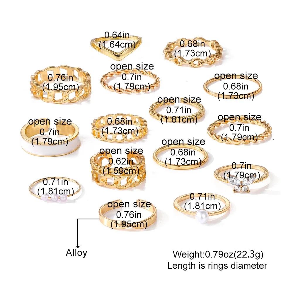 Retro inlaid pearl chain ring diamond butterfly open ring ins style ring set 15 pieces