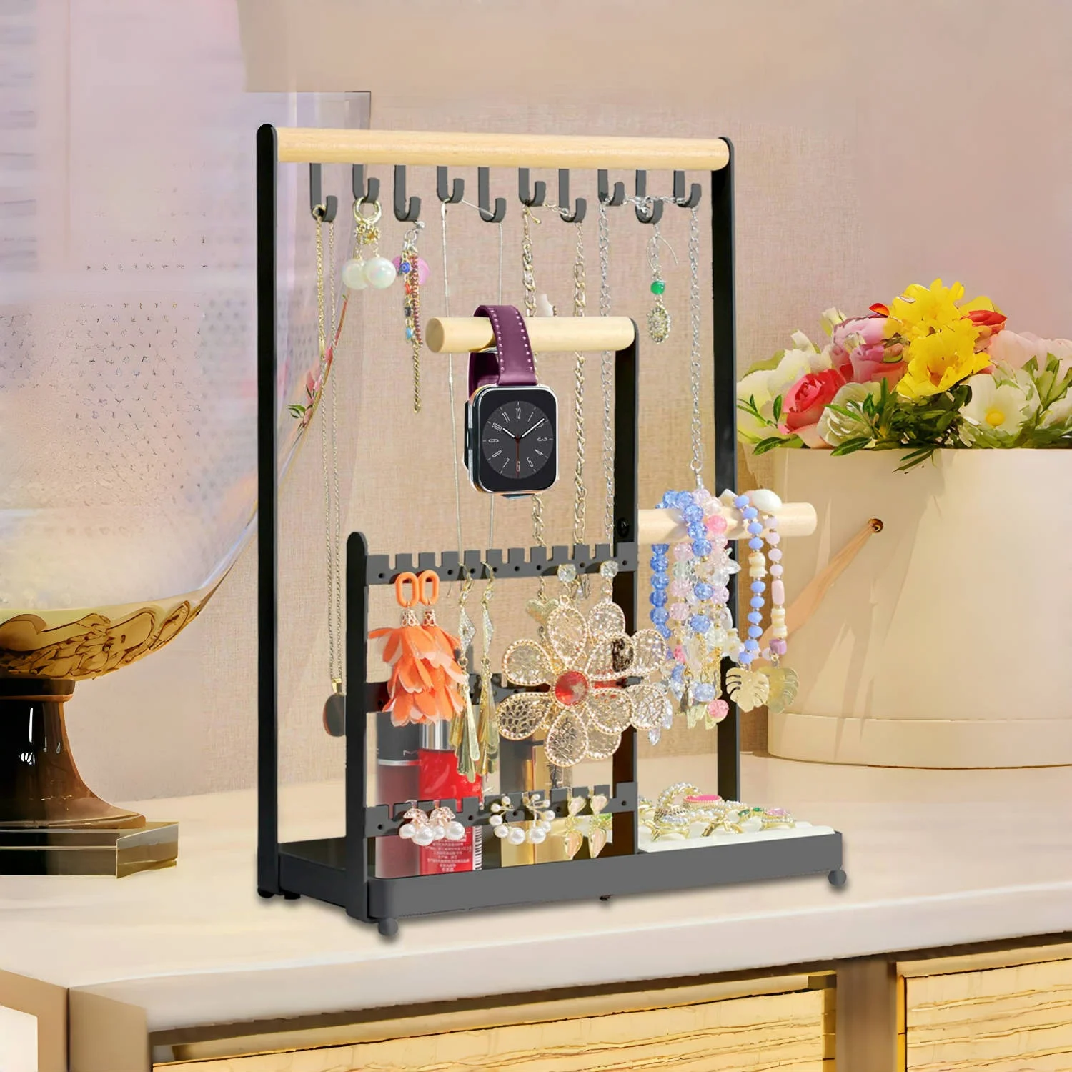 Jewelry Holder Necklace Hanging Stand Velvet Ring Organizer Earring Tray  Hooks Storage Rack