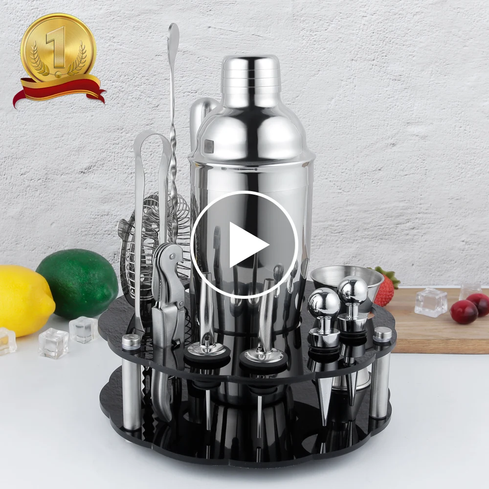 2024 New arrivals Stainless Steel Bar Tools Kit 13 Piece Cocktail Shaker Set with Rotating Acrylic Stand