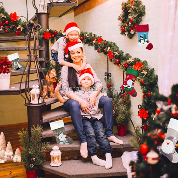 Custom Mini Grey Polyester Embroidered Santa Snowman Bear Penguin Patterns Candy Bag Christmas Stocking