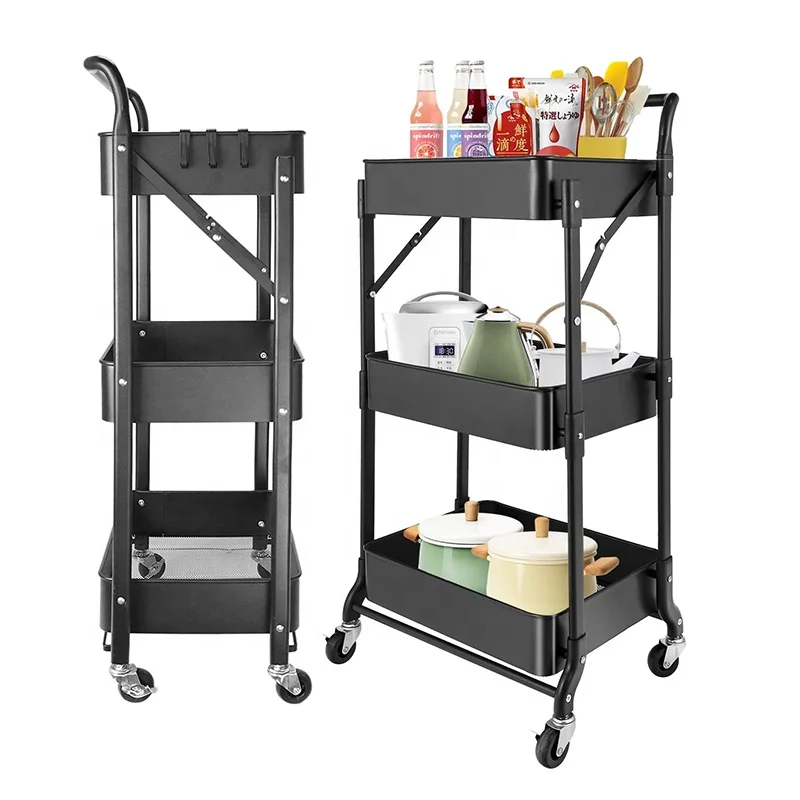 3 Tiers Movable Home Kitchen Organizer Rolling Tool Storage Racking Trolley Utility Carts