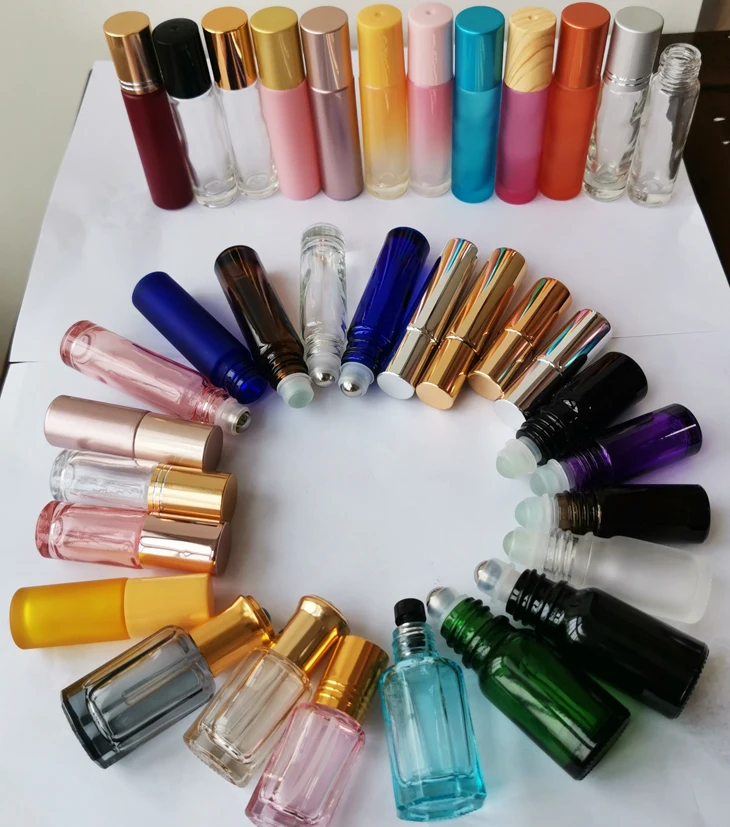 essential oil perfume 5ml 10 ml clear blue amber glass roll on bottles with roller stainless steel ball