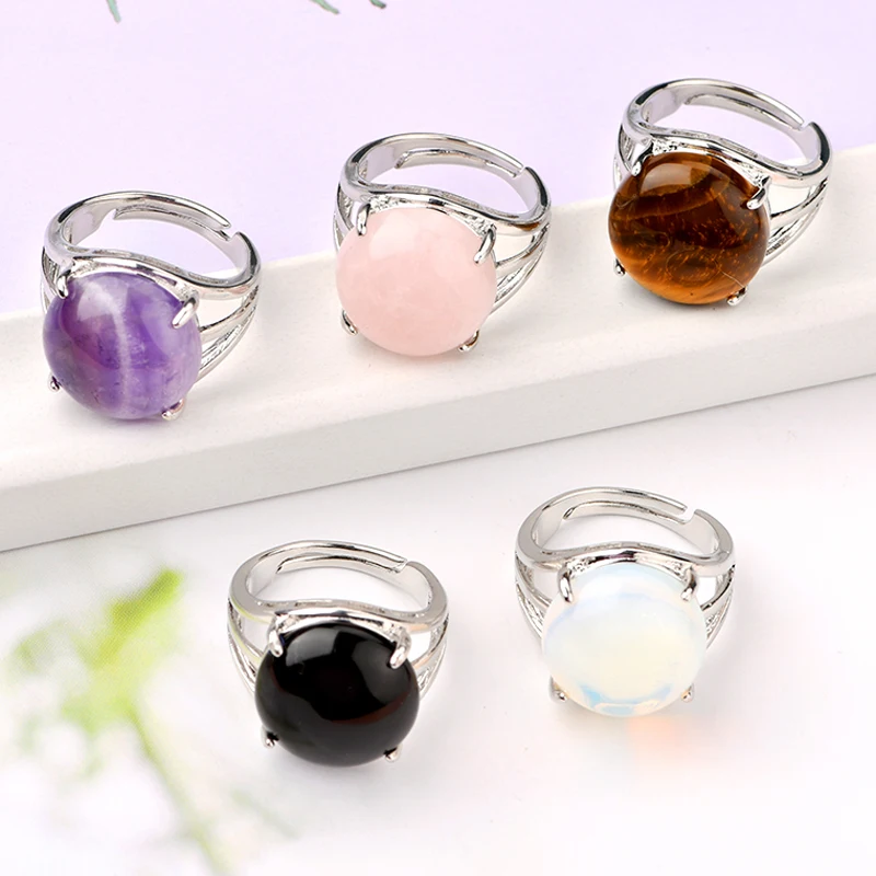 Top sell round shaped natural stone ring Adjustable Healing Crystal Gemstone tiger eye stone Ring