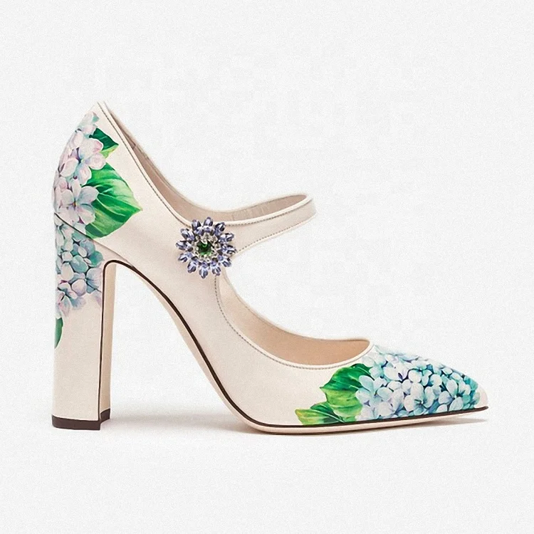 Latest Pump 2020 Women 3D Printing Flower and Rhinestone Chunky Heel Shoes