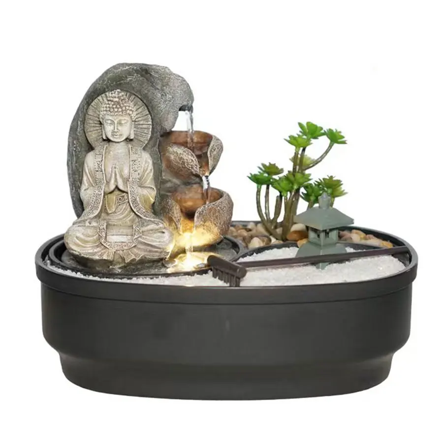 Customized Office Home Decoration Resin Home Feng Shui Maitreya Buddha Water Fountains Feature with sand Rocks lake