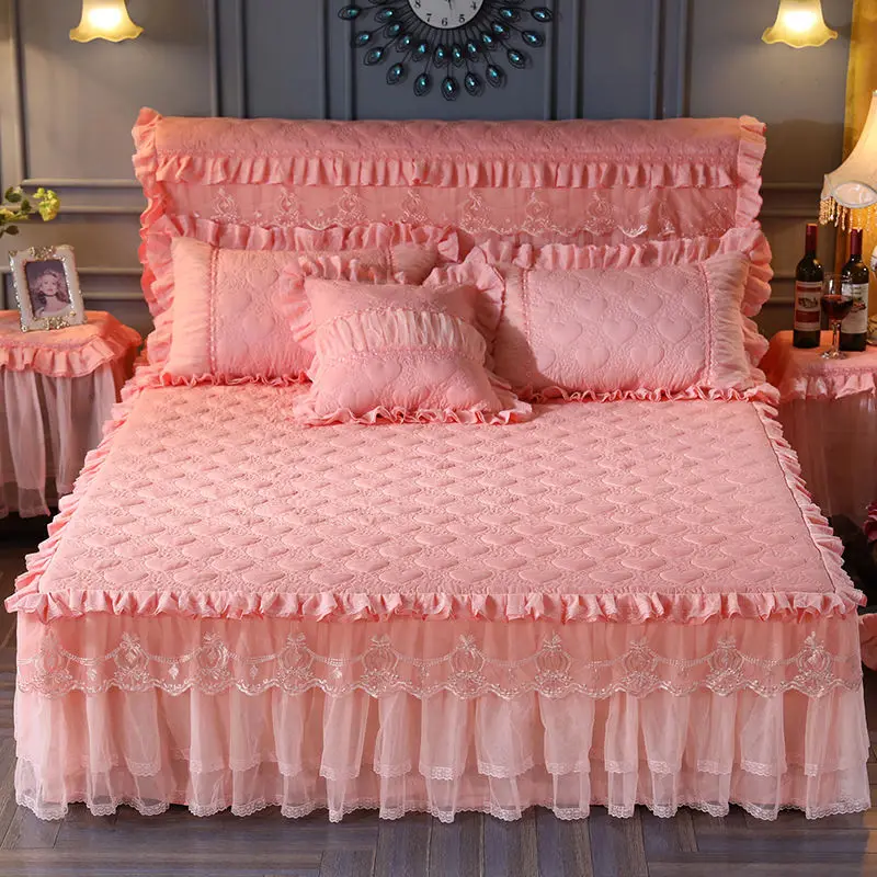 solid color velvet lace Hotel wedding 100%Cotton luxury modern  bed  cover fitted skirt sheets 4pcs Bedding Bedspread sets