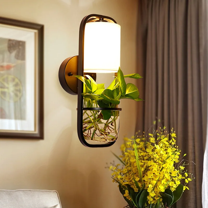 Modern Nordic Design LED Wall Lamps Fancy Bedroom Bedside Sconces with Glass Shade and Plants Interior Lighting Bracket