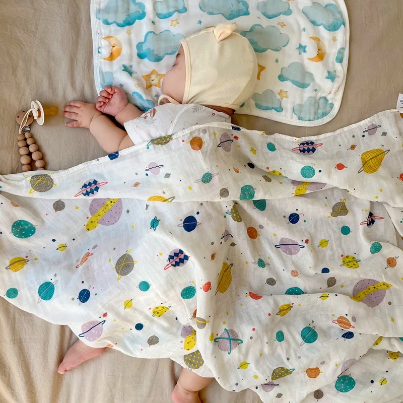 Custom super soft Baby bamboo muslin blanket 2 layers swaddle blanket Wholesale organic cotton knitted muslin baby blanket