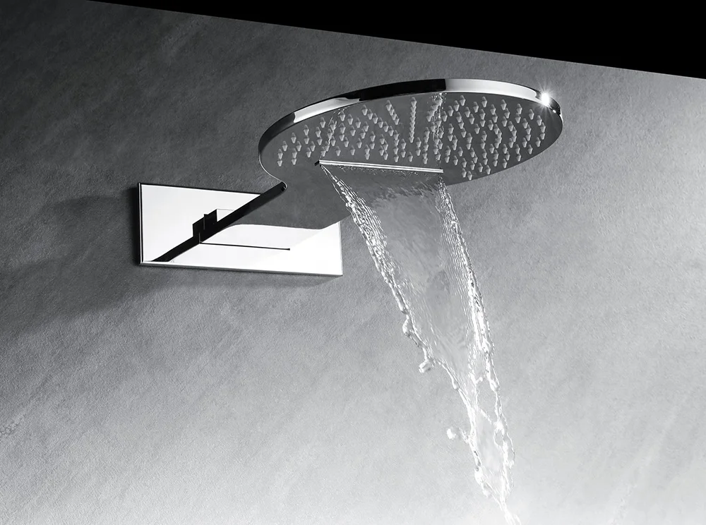 Premium Silver In-Wall Shower System: Three-Function Thermostatic Button Switch, Copper Construction, Round Design, Waterfall