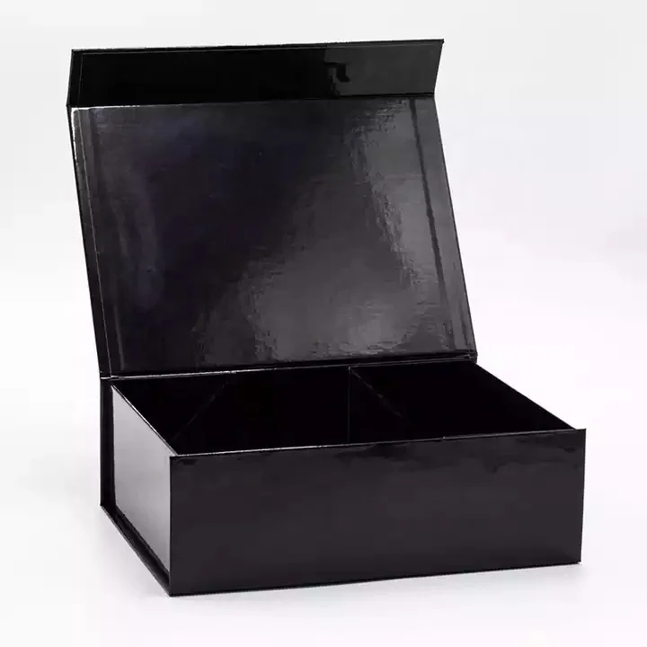 Luxury deep glossy lamination black foldable gift box packaging with magnetic lid