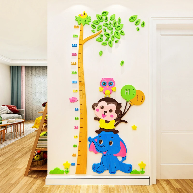 Cartoon Height Growth Chart Wall Sticker Elephant Tiger Animals Acrylic  for Play Room Nursery Bedroom Living Room Decor
