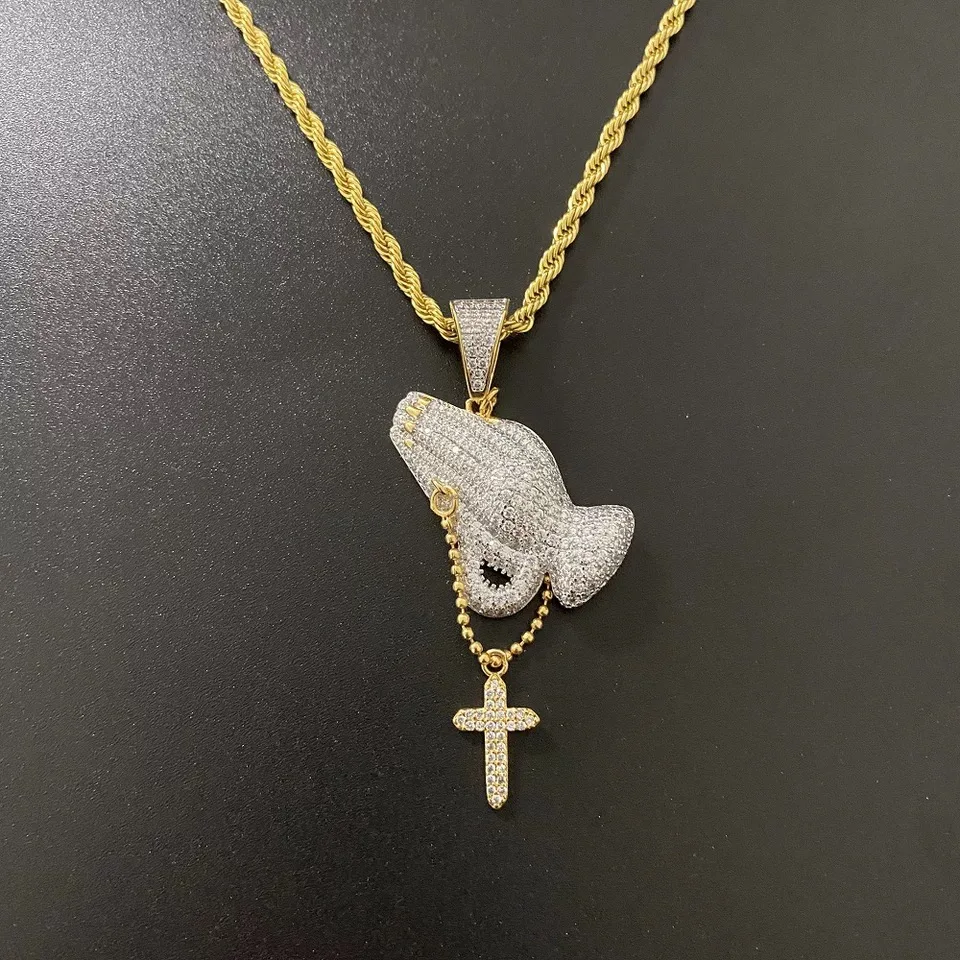 Iced Out Praying Hands Cross Pendant Handmade Zircon Crystals paved high Quality Jewelry Necklace