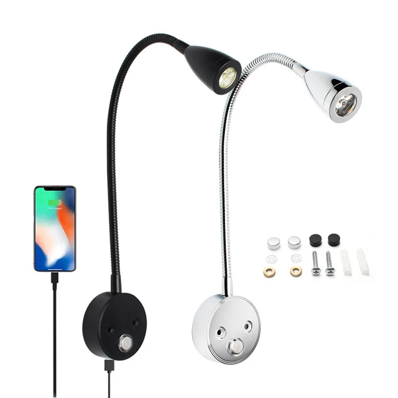 LED 3W Reading  RV Wall Lamp With Switch Flexible Adjustable Working Study Wall Mounted Bedroom Bedside Night Light Touch