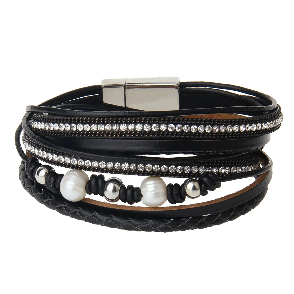 
Joycuff Wholesale Freshwater Pearl Woman Charm Leather Bracelet 