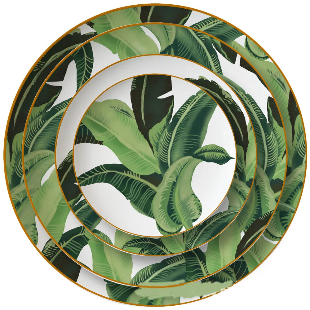 
Green leaves and birds pattern porcelain plate feels textured wedding decoration ware set Microwave and dishwasher safe plate 