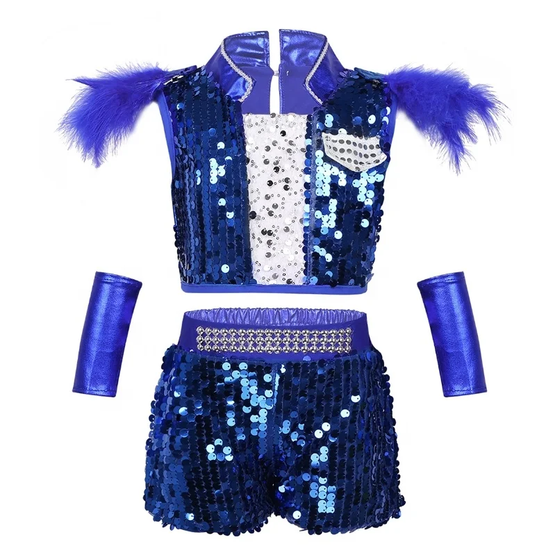 
Kids Boys Girls Shiny Sequins Sleeveless Hip Hop Costumes Tank Top with Shorts Feather Clips Set Jazz Dancewear 