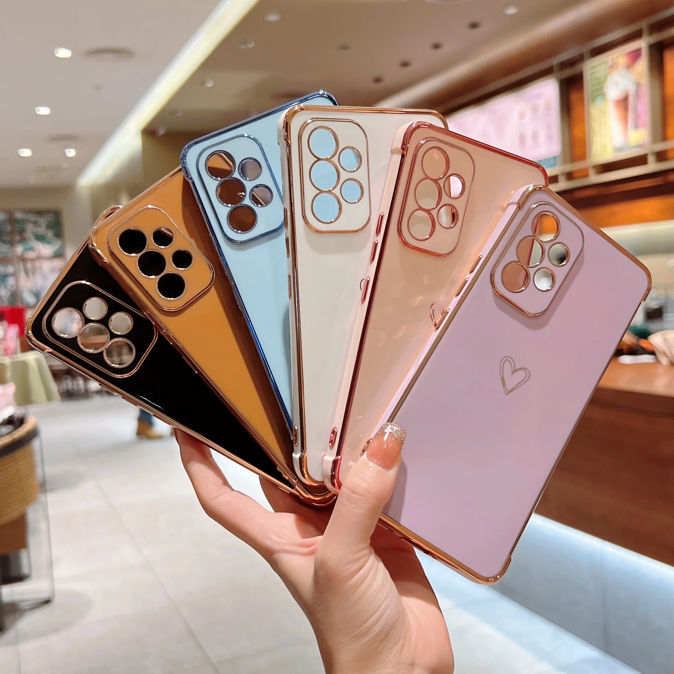 Plating Cute Love Heart Phone Case for Samsung Galaxy A12 A13 A52 A53 5G M12 F12 Airbag Shockproof Cover