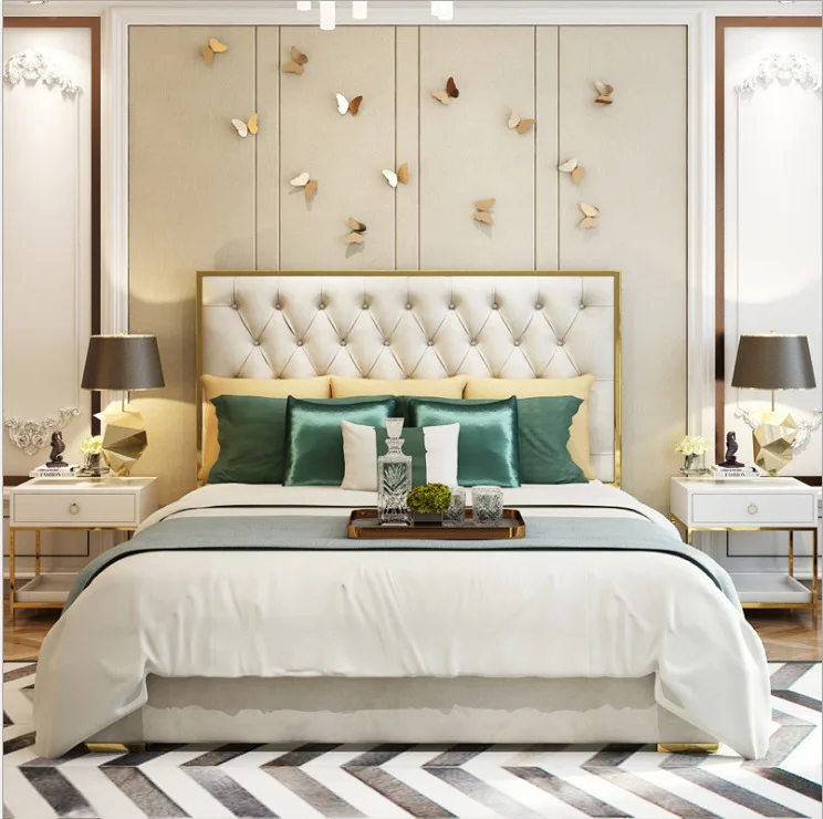 Italian style light luxury leather art bed double bed master bedroom white bedroom furniture 1.8m luxury furniture bedroom set