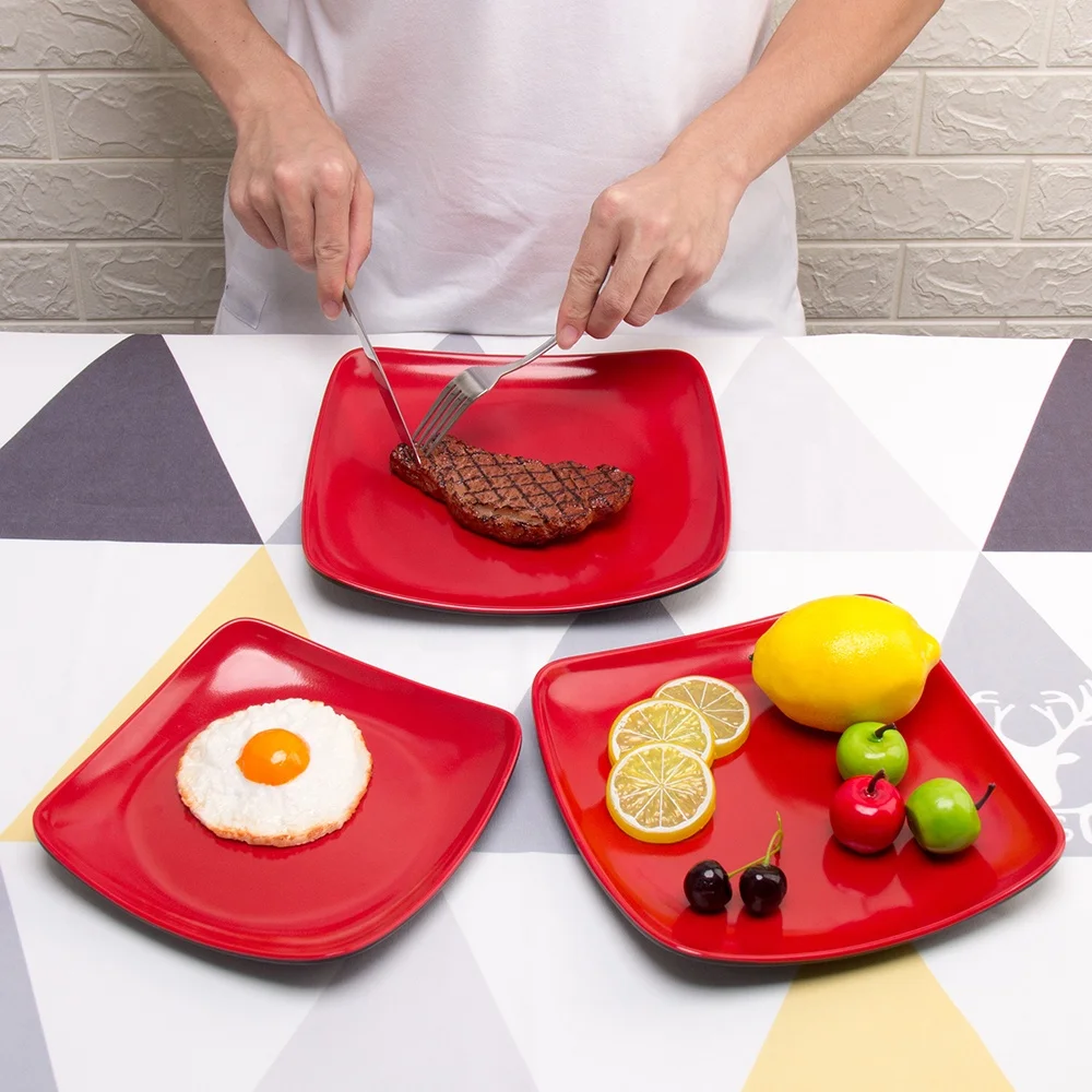 Restaurant Melamine Tableware Black and Red Square Corner Plate Melamine Plastic Western Plate