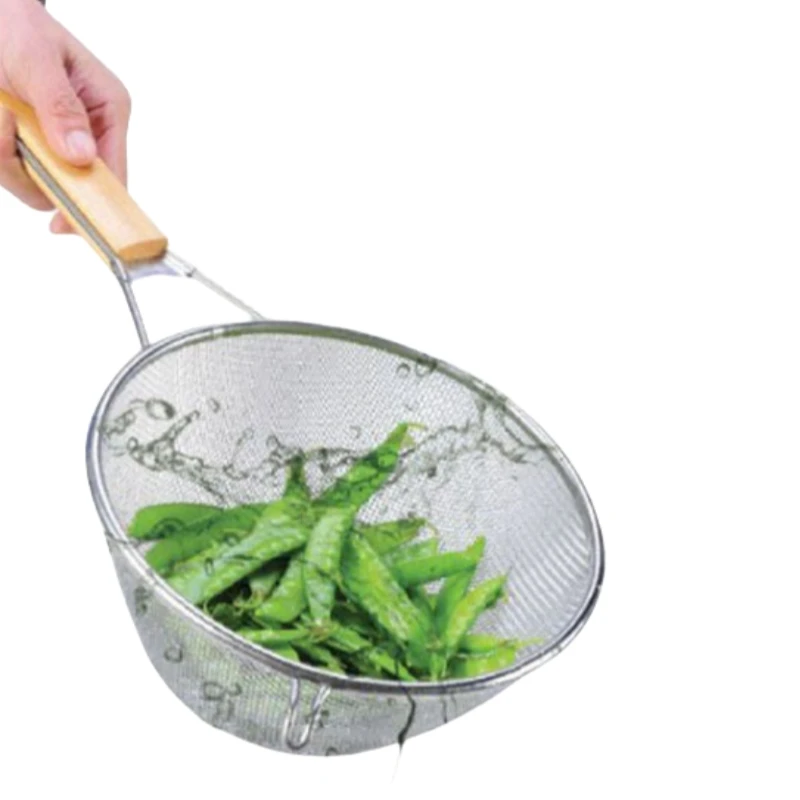 Kitchen Metal Strainers Colanders Stainless Steel Fine Mesh Strainer With Wooden Handle For Food Noodle Fruits And Vegetables