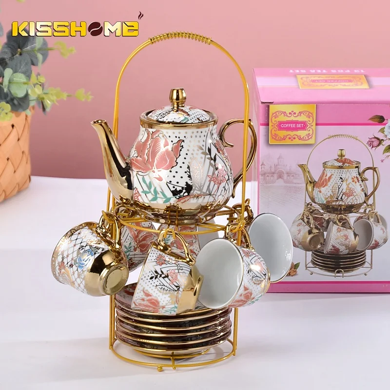 Coffee Tea Sets European Style Luxury Espresso Accessories Ceramic Cafe Cup Colorful Flower 100ML Gold Plated Tea Coffee Set