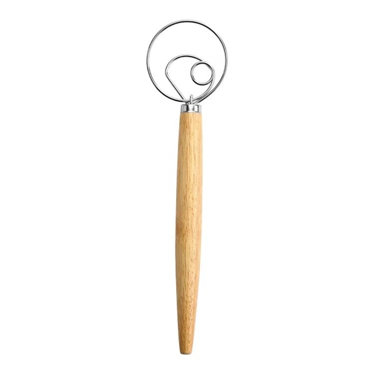 Wholesale wooden handle kitchen baking stainless steel 13 inch bread raw dough whisk mixer