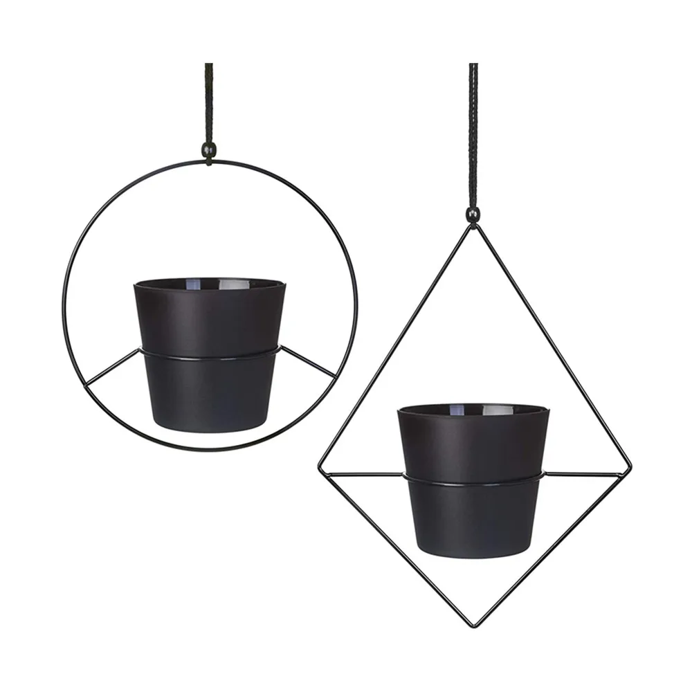 Oniya Black Boho Hanging Planter Set of 2 Metal Plant Hanger Modern Mid Century Flower Holder in Diamond and Circle Shape