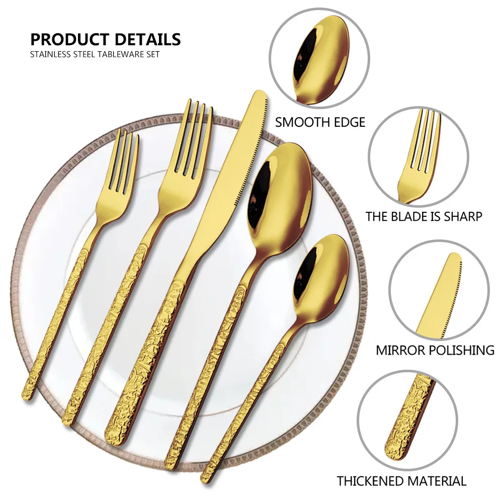 Wedding Baroque Royal Gold Knife Fork Spoon Set Golden Plated Silverware Engraved Spoon Stainless Steel Rose Gold Cutlery Set