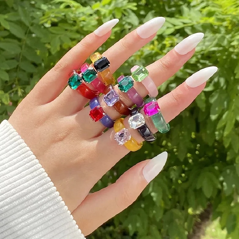 Fashion Acrylic Colorful Rectangle Rings Women Big Finger Ring Girls Vintage Female Beautiful Jewelry