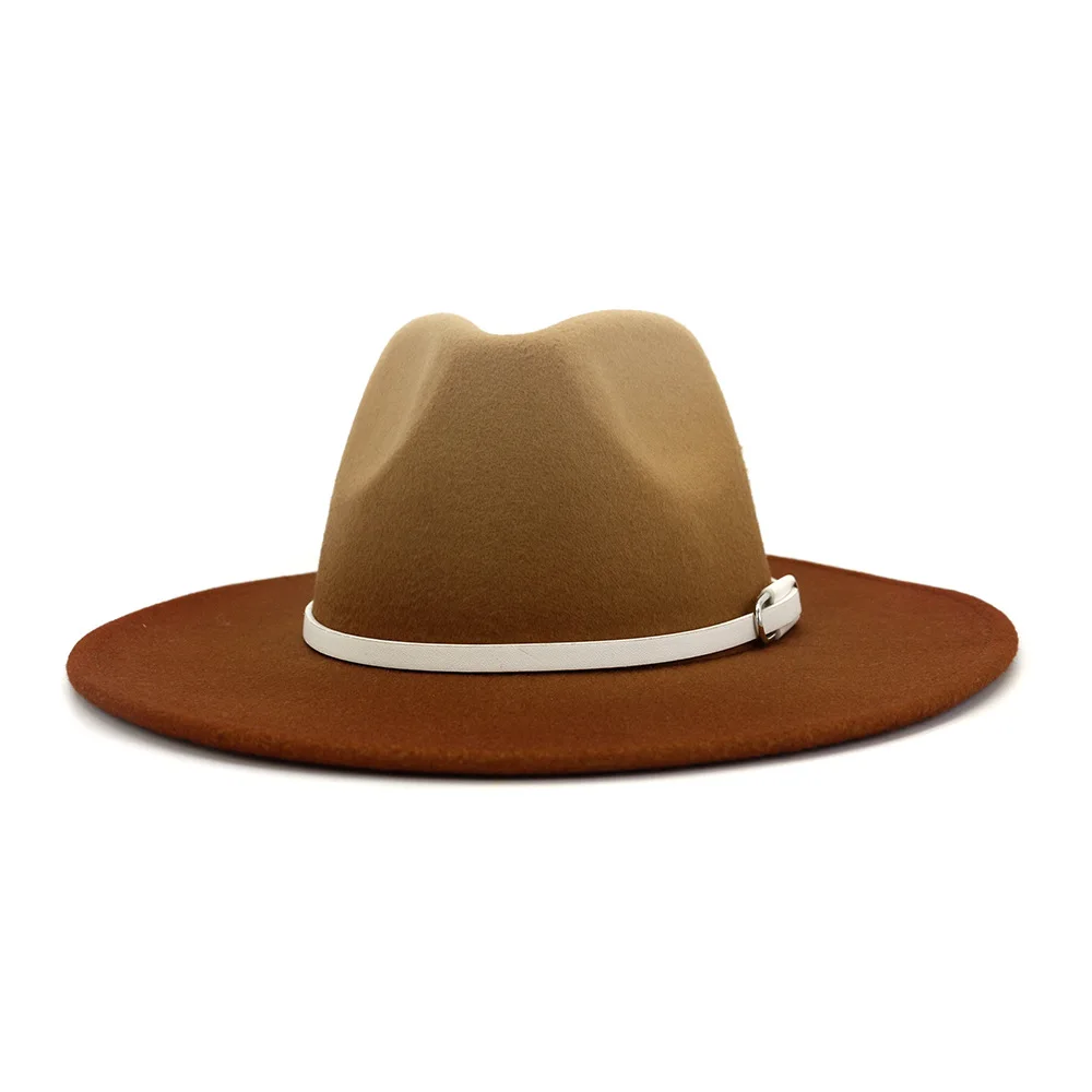 Новые градиентные шляпы Федора с широкими полями из шерсти и фетра для женщин с кожаным ремнем