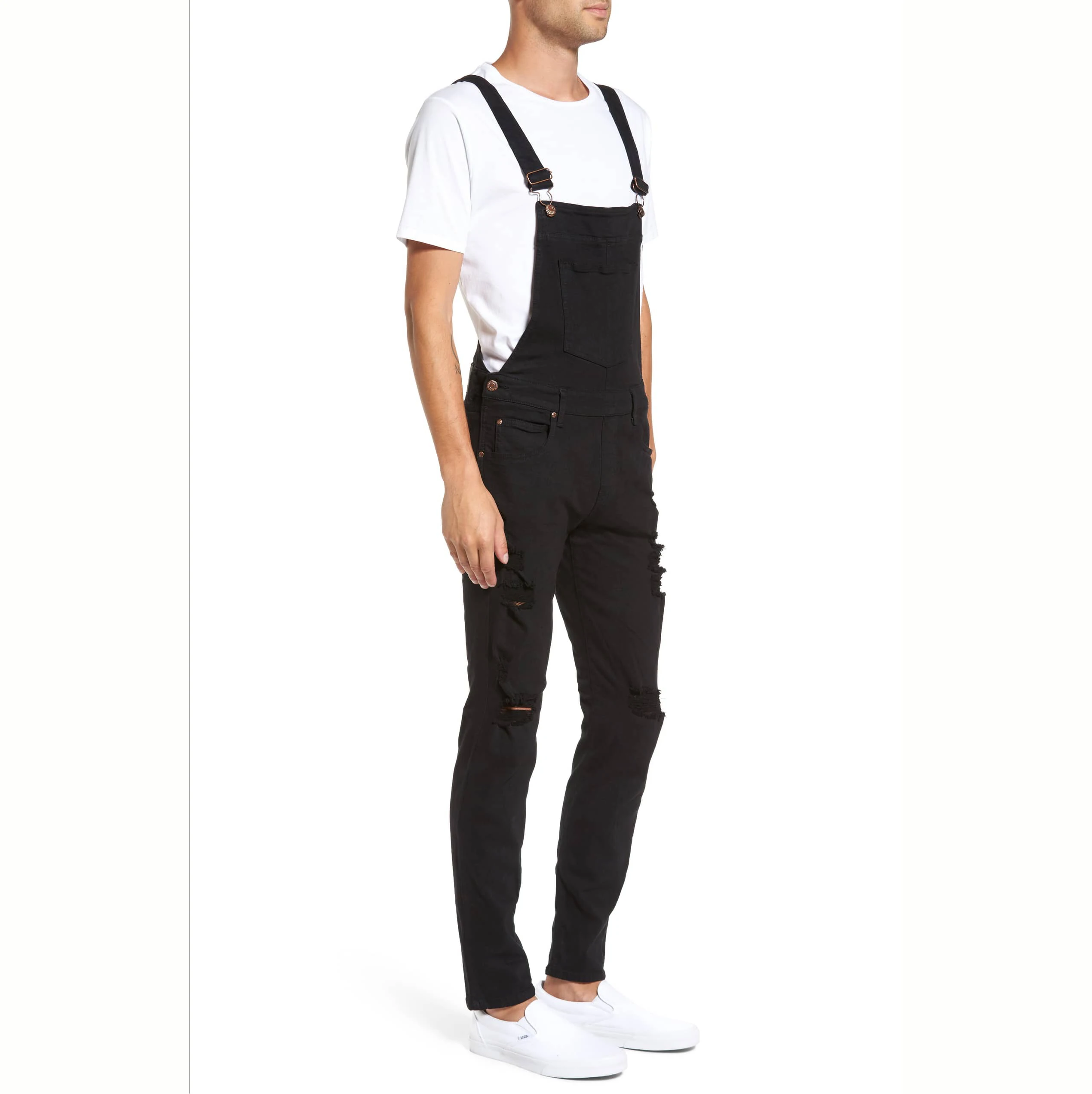 Men Black Overalls Denim European Utility Fashion Stretch Dungarees For Men Slim Ripped Bib Working Denim Overalls For Men