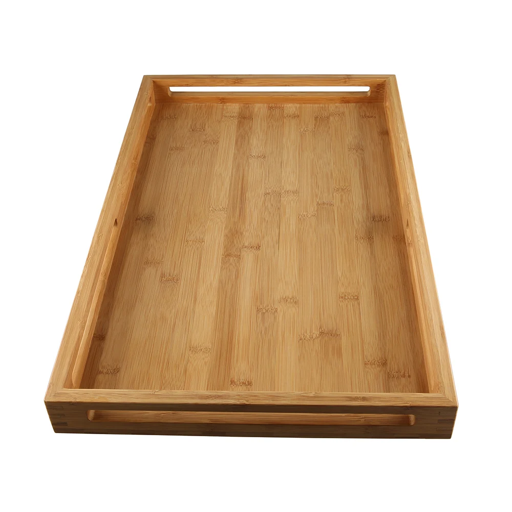 Restaurant Food Service Ottoman Coffee Table Decor Bed Tray Rectangle Extra Big Large Hollowed Handles Bamboo Wood Serving Tray