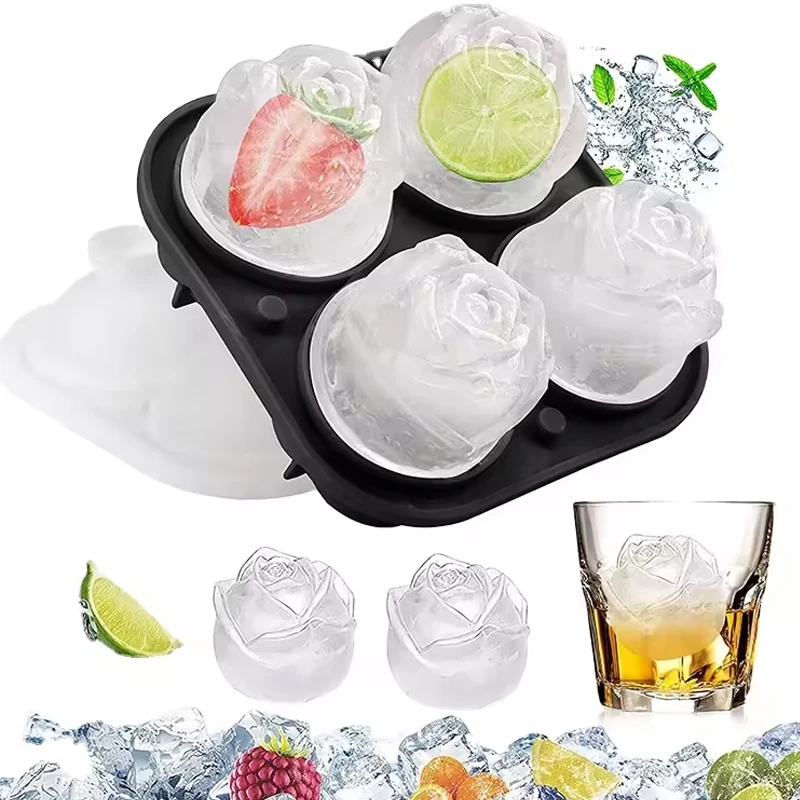 2024 Hot Selling Wholesale Whisky Rose Shape Ice Tray Reusable Ice Maker Silicone Ice Cube Molds with Lid