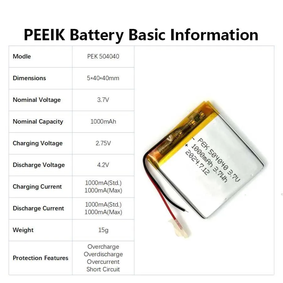 peeik 504040 3.7V 1000mAh slim battery thin, elongated battery Low Self-discharge Rate Battery Discounts