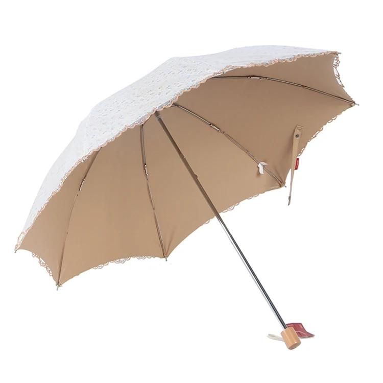Lady Wedding Lace Large Manual Plastic Handle Rain Sun 2 Folding Umbrella