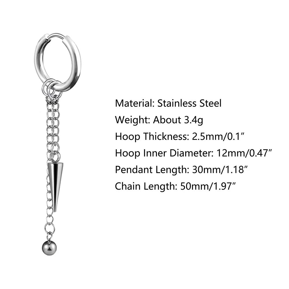Hot Selling Punk Rock Non Fading Allergy Resistant Stainless Steel Long Cone With Chain Drop Earrings