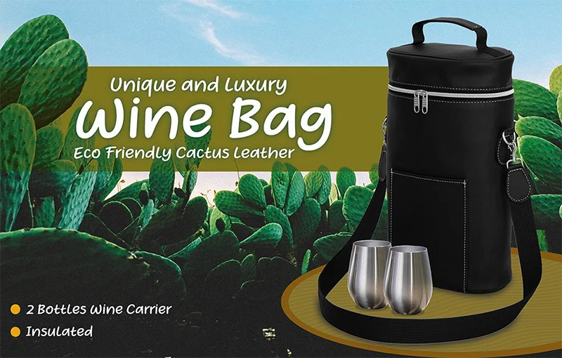 Eco Friendly Cactus Leather Unique Wine Bag  2 Bottles Wine Carrier with vegan leather  Insulated cooler bag  for Wine Lover