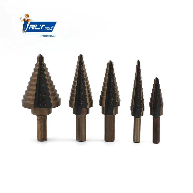 Rlt Tools High Quality 5pcs In 1 Box Pagoda Drill Wood Drill Triangular Stepped Cone Metal Drill Bit Set