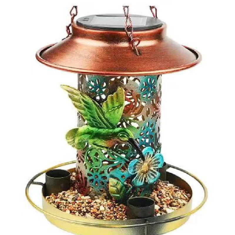 Bird water feeder outdoor tree hanging type solar hand blown Iron art hanging decoration humming bird feeder