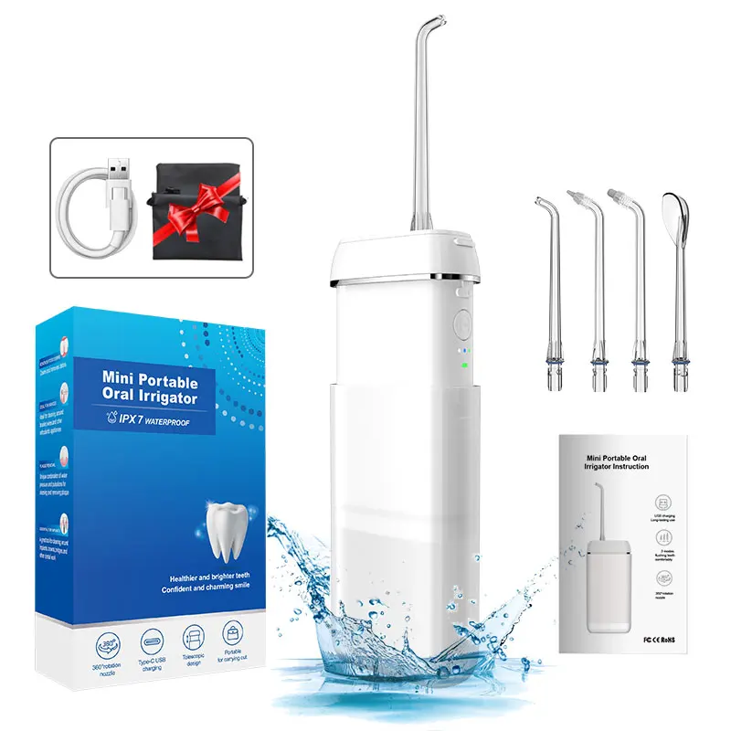 Professional Cordless Rechargeable Dental Oral Irrigator Ultra Water Jet for Teeth Braces Care with 4 Jet Tips