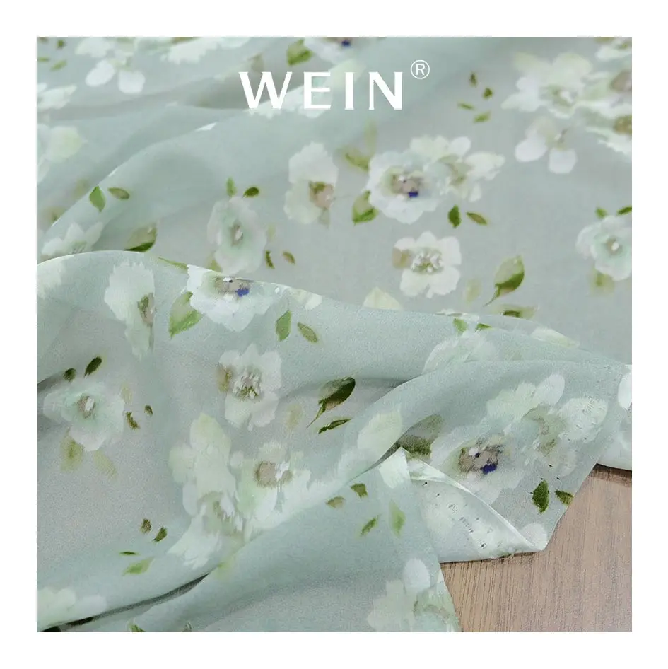 VCS02-SM373 White Petals Chiffon Reactive Printing Fabric 70% Viscose 30% Silk Chiffon Material Fabric for Dress Clothing