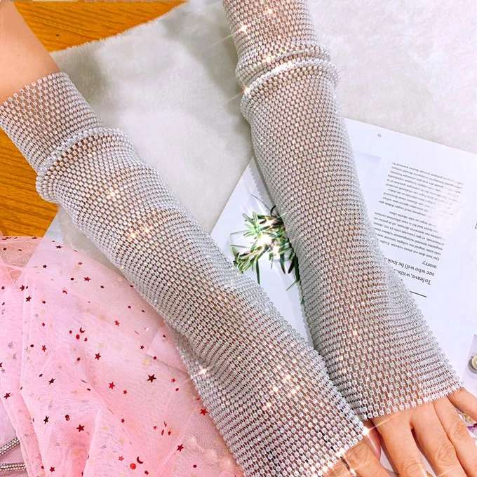 Flash Diamond Sleeve Women Party Long Stretch Mesh Rhinestone Arm Sleeve Gloves Disco Internet Celebrity Accessories Jewelry