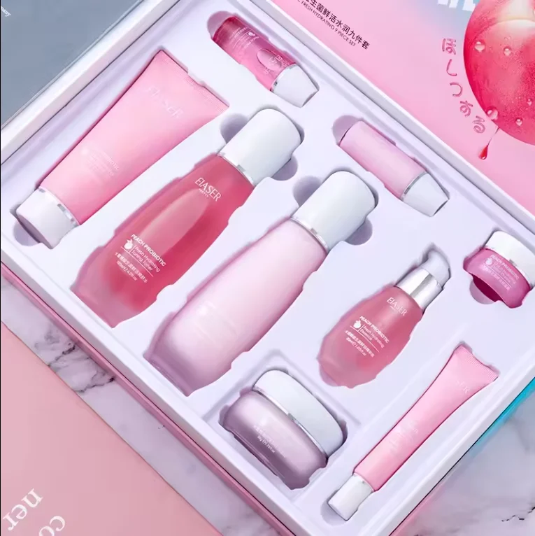 9 pcs Korean Whitening Skin Care Set Products Brightening Fruit Peach Extract VC Face Serum Skin Care Set For Girls Women