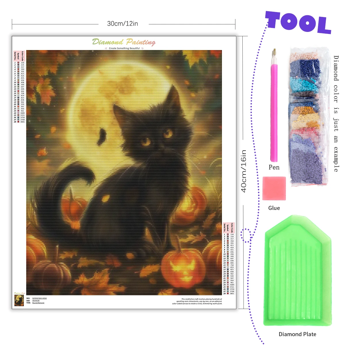 CHENISTORY Halloween Full Round Diamond Embroidery Animal Cat Diamond Painting Rhinestone Pictures Mosaic Decor For Home