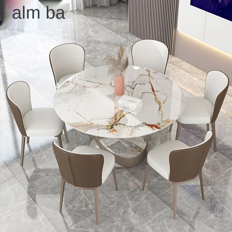 Italian style light luxury rock board dining table and chair combination round table with turntable modern minimalist villa rota