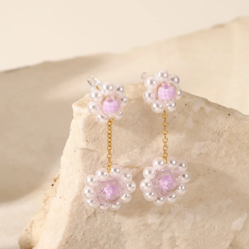 Vintage Design Handmade Flower Pearl Dangle Earring Stainless Steel Knit  Purple Crystal Flower Earring