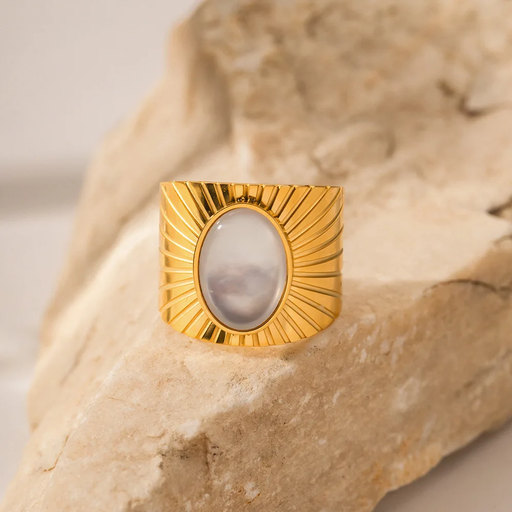Vintage Oval African turquoise wide-faced opening Ring 18K gold plated stainless steel Sun Ring for women