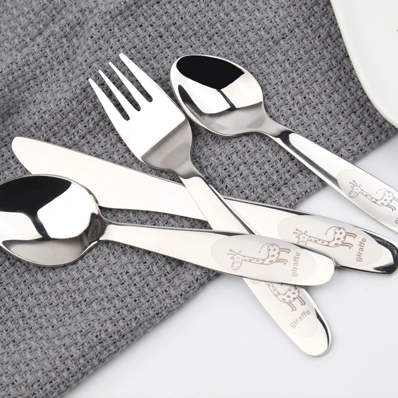 304 Stainless Steel Kids Cutlery Cartoon Pattern Carving Children Tableware Cutlery Set