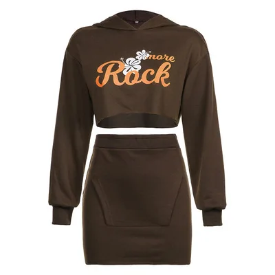 Повседневный винтажный Однотонный женский комплект y2k с буквенным цветочным принтом, укороченный топ с капюшоном, облегающая мини-юбка, комплект из 2 предметов, одежда