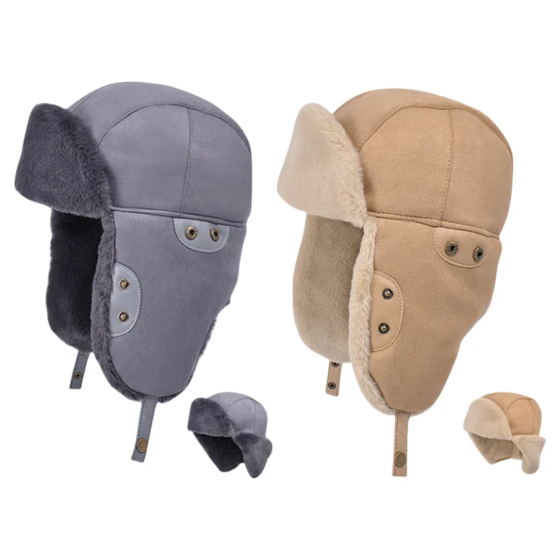 Unisex  Custom Waterproof Winter 3 in 1 Thermal Fur Lined Trapper Hat Warm Thick Fleece Lined Earflap Leather Snow Cossack Cap